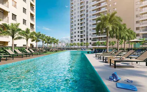Piscina area lazer render empreendimento