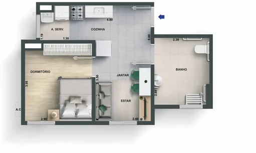 Planta apartamento 1 dormitorio com medidas