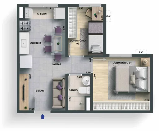 Planta apartamento 2 dormitorios com medidas