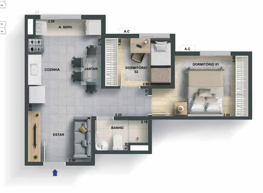 Planta apartamento 2 dormitorios com medidas 2