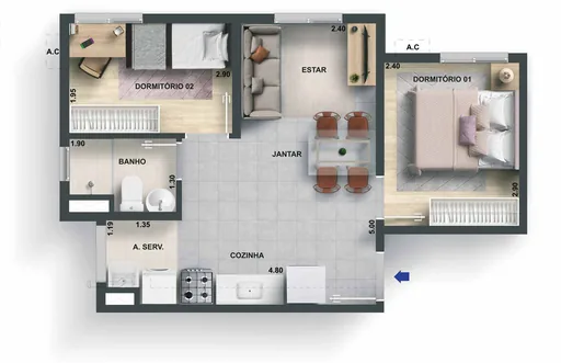 Planta apartamento dois dormitorios com medidas