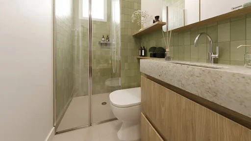 Banheiro render revestimento verde bancada pedra