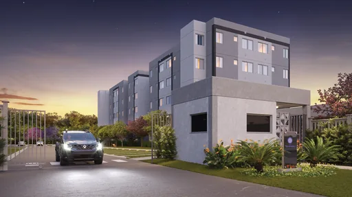 Fachada entrada condominio render noturno