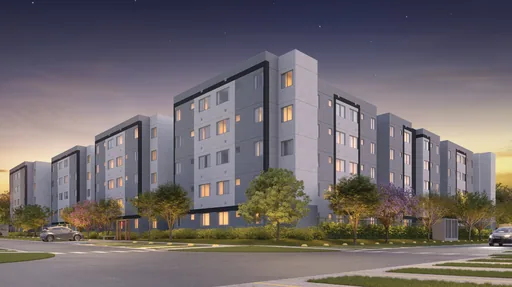 Fachada render entardecer edificio residencial