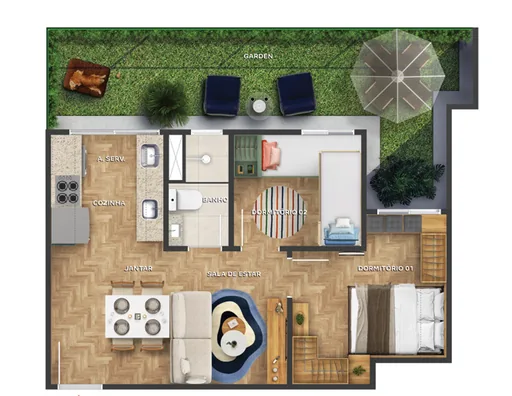 Planta apartamento 2 dormitorios garden