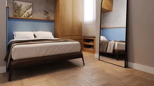 Quarto render cama espelho piso madeira