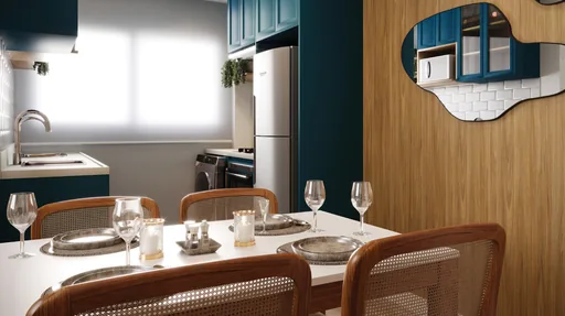 Sala jantar cozinha render apartamento