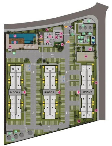 Implantacao blocos amenidades condominio