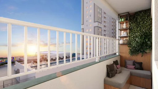 Varanda decorada vista piscina playground