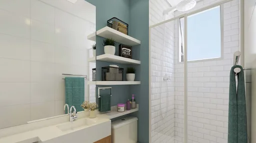 Render banheiro decorado prateleiras