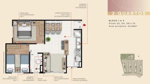 Planta 2 quartos 42m2 bloco 1a4