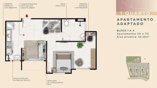 Planta apartamento adaptado 1 quarto 43m2