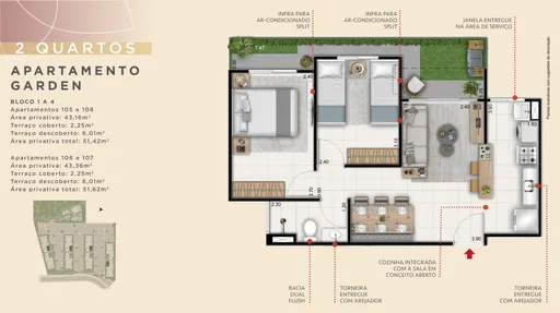 Planta apartamento garden 2 quartos com areas