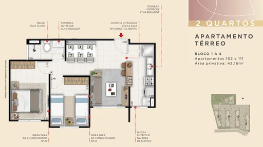Planta apartamento terreo 2 quartos 43m2