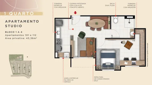 Planta studio 1quarto 43m2 bloco1a4