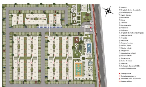 Implantacao condominio blocos amenidades