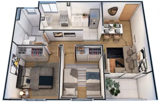 Planta 3d apartamento dois quartos