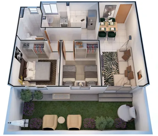 Planta 3d apartamento dois quartos jardim