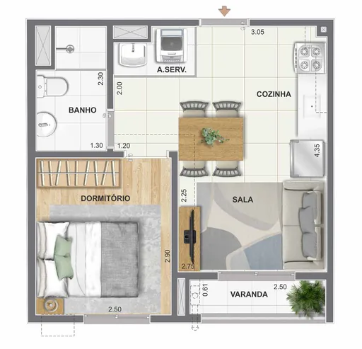 Planta apartamento 1 dormitorio varanda