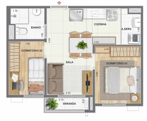 Planta apartamento 2 dormitorios varanda