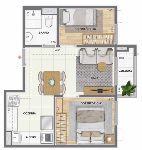 Planta apartamento 2 dormitorios varanda 2