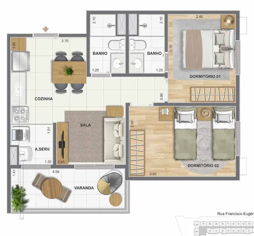 Planta apartamento 2 dormitorios varanda 3