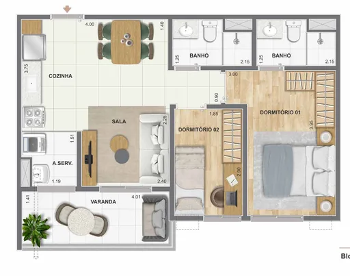 Planta apartamento 2 dormitorios varanda 4