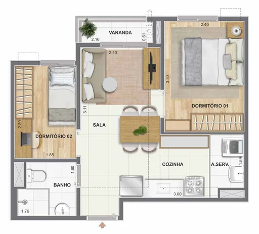 Planta apartamento dois dormitorios com varanda