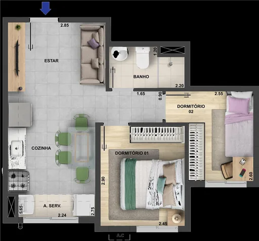 Planta apartamento 2 dormitorios cozinha