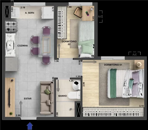 Planta apartamento 2 dormitorios cozinha estar