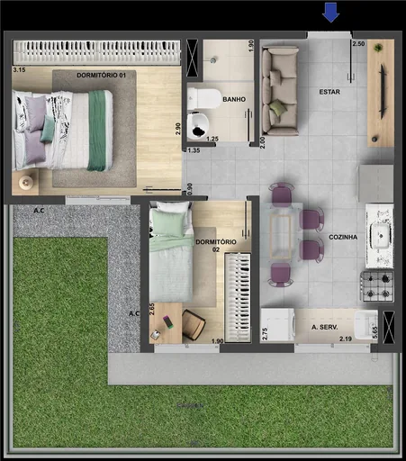 Planta apartamento 2 dormitorios garden