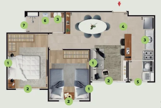 Planta apartamento 2 dormitorios numerada