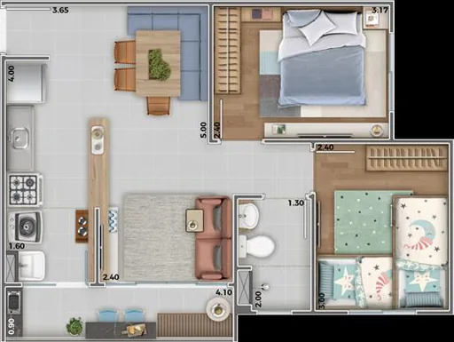 Planta apartamento dois quartos com medidas