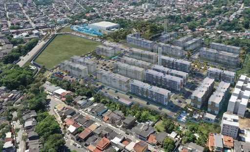 Render aereo implantacao condominio contexto urbano