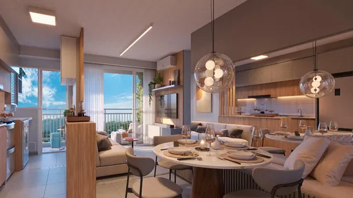 Render sala jantar cozinha varanda