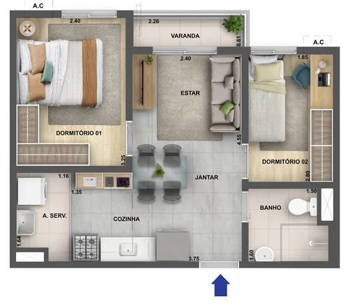 Planta apartamento 2 dormitorios com varanda