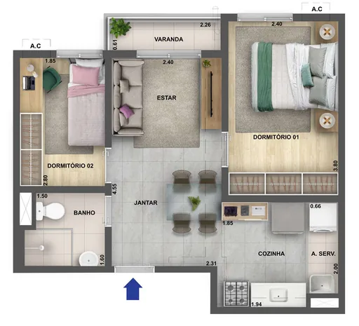 Planta apartamento 2 dormitorios com varanda 2