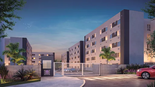 Render fachada entrada condominio noturno