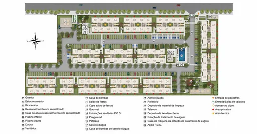 Implantacao condominio blocos amenidades