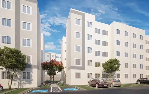 Render fachada blocos residenciais estacionamento