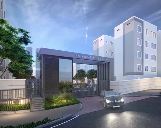 Render fachada entrada residencial pedra guaratiba