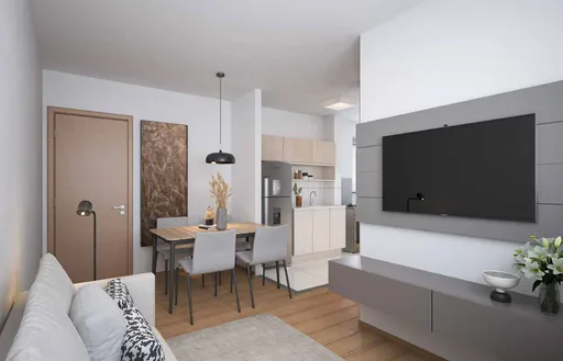 Render sala jantar cozinha apartamento