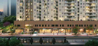 Fachada empreendimento render externo noturno