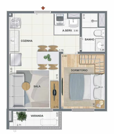 Planta apartamento 1 dormitorio varanda