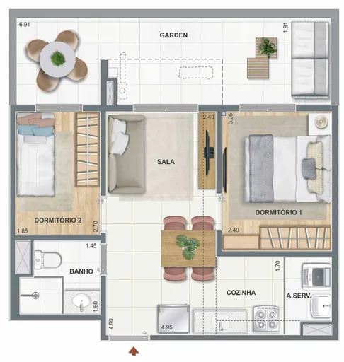 Planta apartamento 2 dormitorios garden