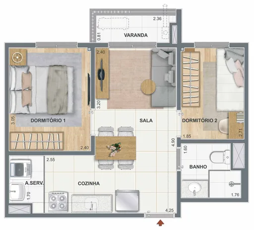 Planta apartamento 2 dormitorios sala cozinha varanda