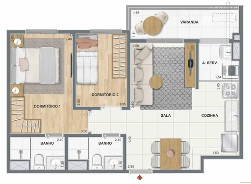 Planta apartamento 2 dormitorios sala varanda