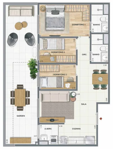 Planta apartamento 3 dormitorios garden