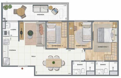 Planta apartamento 3 dormitorios varanda