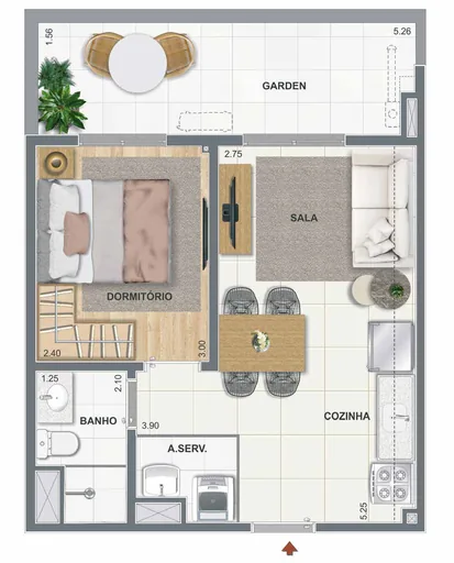 Planta apartamento garden 1 dormitorio